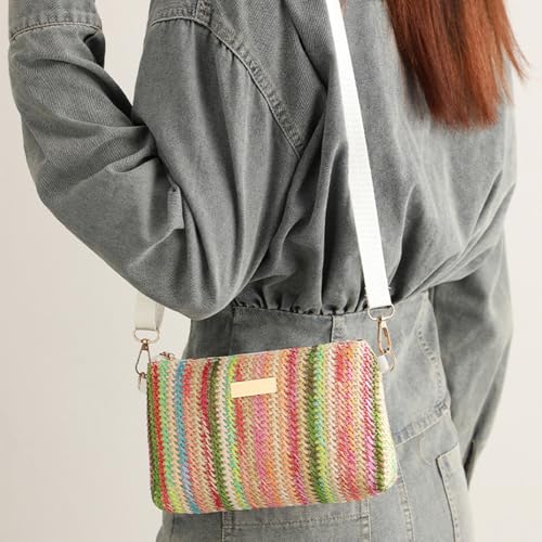 Bolso tote de paja para mujer, con rayas arcoíris, informal, para playa, hombro y cruzado, verano y vacaciones miniatura 2