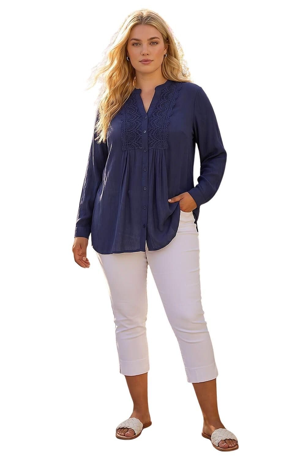 Roman Curve Lace Trim Pintuck Blouse - Navy - Size 20