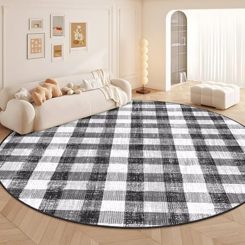 Image of Checkered Area Rug, 9 Ft, Round, Black and White | Washable, Non Slip, Modern Neutral, For Living Room Bedroom Office Patio Dining Room