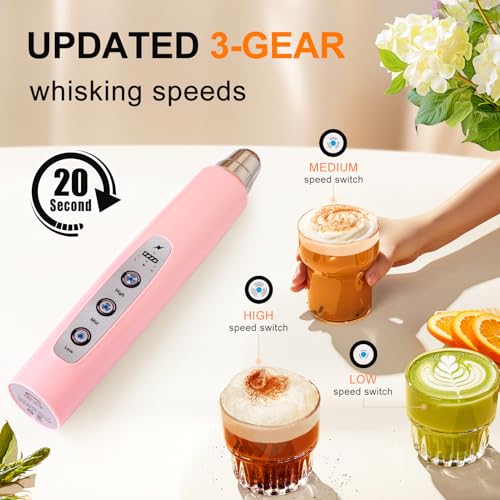 Image of YUSWKO Pink Milk Frother Handheld with 3 Heads, Coffee Whisk Drink Foam Mixer with USB Rechargeable 3 Speeds, Electric Hand Frother for Latte, Cappuccino, Hot Chocolate, Egg