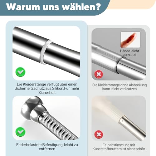 JISADER Verstellbare Kleiderstange ohne Bohren, Ausziehbare Kleiderstange für Schrank, Duschvorhangstange Edelstahl Teleskopstange Spannstange für Dusche Balkon Badezimmer Hängestange, 26 bis 35cm