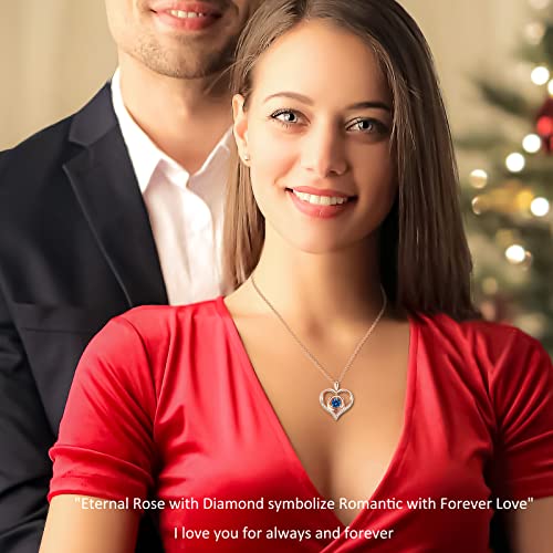 Rose Heart Necklace December Birthstone Blue Topaz Jewelry For Women Sterling Silver Rose Flower Heart Pendant Created Gemstone Women Girls Jewelry For Birthday Gift Anniversary Jewelry Gift For Her (Rose Gold-12-Dec.blue Topaz) #TOP1