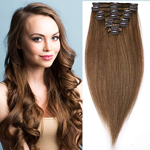 S-noilite 8inch Clip in Human Hair Extension Light Brown 100% Real Human Hair 45g 8pcs 18 Clips #6