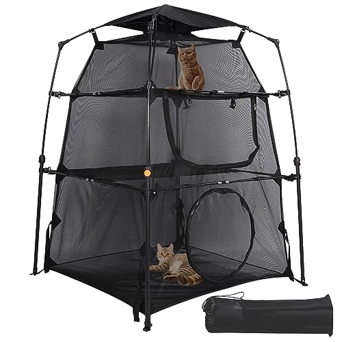 Domaker Cat Enclosure Kitten and Cat Playpen for Indoor,Portable and Foldable 3 Tier Cat Cage,Cat Tower Tent with Removable Sunshade,Black