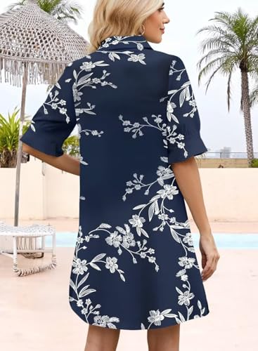 Image of Womens Summer Shirt Dress 2026 Casual Ruffle Short Sleeve Button Down Flowy Swing Shift Mini Dresses with Pockets