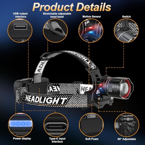 Linterna frontal recargable superbrillante 120000 lm con zoom y 5 modos de luz LED 7
