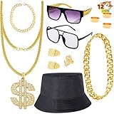 Spooktacular Creations 12 Pcs Hip Hop Costume Kit, 80s 90s Rapper Fake Gold Chain Necklace Dollar Sign Accessories Outfit for Men Women Halloween Old School Rapper Cosplay Themed Party Supplies