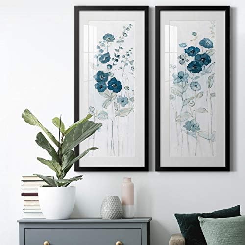 Renditions Gallery Canvas Flower Wall Art Decorations Paintings & Prints Vintage Blue Floral Modern Decor Canvas Frame Art for Bedroom Dining Room Living Room Office Home Kitchen Wall Decor - 12"x28"