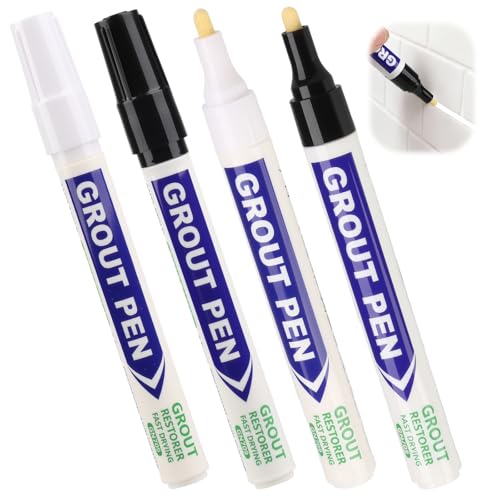 4pcs Grout Pen White/Black Set Quick Drying Tiles Restore Paint Marker Pens Waterproof 2 Colors Grout Joints Cream Easy to Use Designed for Bathroom, Kitchen Floor Tile and Wall Lines