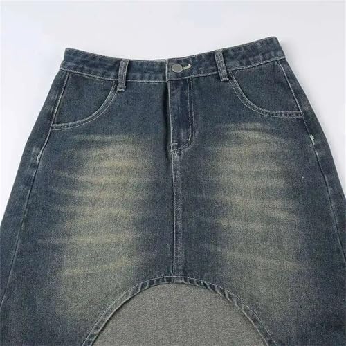 Womens Vintage Straight Denim Skirt Washed Retro Irregular Design High Waist Casual Jean Skirt4
