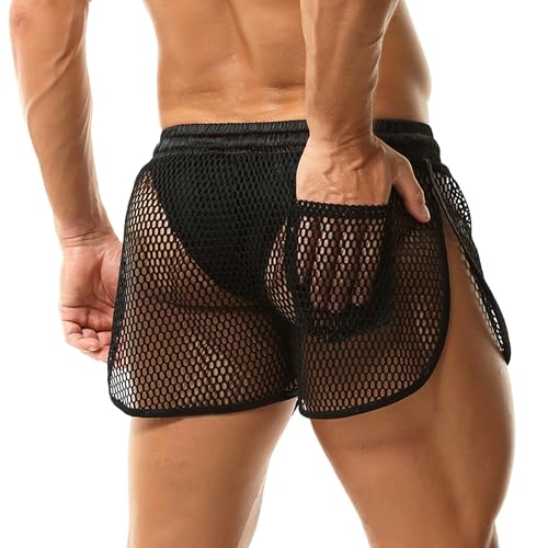 Mens Mesh Boxer Shorts See Through Hot Short Pants Split Side Rave Shorts with Pocket3