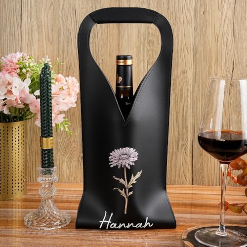 callie Personalized Birth Flower Wine Tote Bags, Custom Leather 1 Bottle Wine Carrier Gifts Bag for Travel, Picnic, Birthday, Wedding, Wine Gifts for Women4