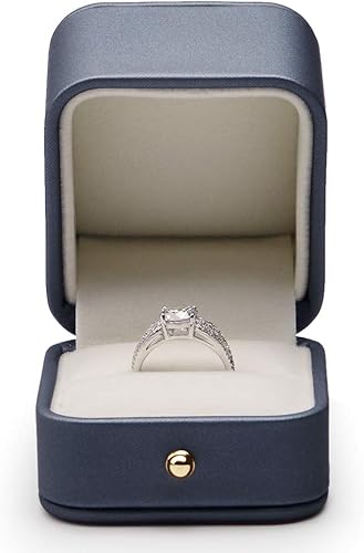 Oirlv Caja de Anillo Azul Acero Preciosa Caja de Regalo de Anillo de Cuero Premium para Boda, Estuche de Almacenamiento de Joyería para Propuesta
