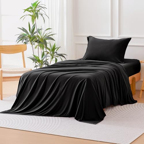 Image of Amazon Basics Jersey Knit 3-Piece Sheet Set, Wrinkle Free and Easy Fit, Includes 16 inch Deep Pocket Fitted Sheet, 1 Flat Sheet and 1 Pillowcase, Twin, Black