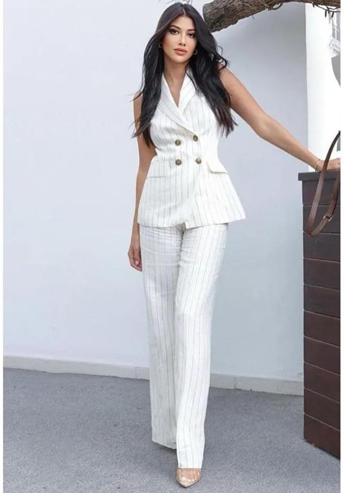 Women’S Sleeveless Striped Double Breasted Blazer and Pants – Slim Office Daily Formal Attire