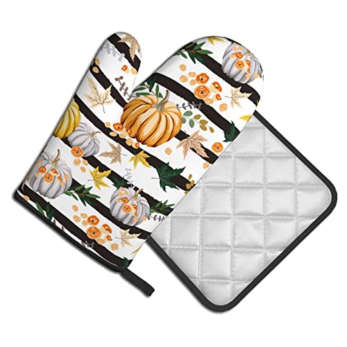 Oplp Autumn Orange Pumpkins Flowers Striped Oven Mitts And Pot Holders Heat Resistant Oven Mitts Safe For Baking Cooking Bbq #TOP1