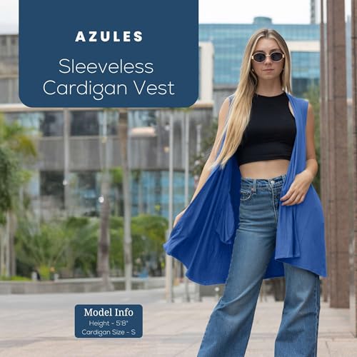 Image of Azules Sleeveless Long Cardigan for Women with Pockets - Lightweight Open Front, Flowy Dressy Layer for Work or Casual Wear
