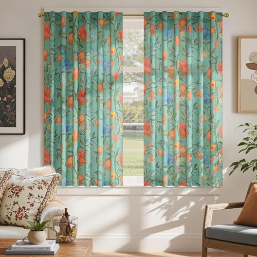 Image of JOOJA 54 Inch Boho Floral Curtains Tropical Bird Print Linen Semi Sheer Window Drapes for Kitchen, Bedroom, Bathroom, Living Room, Dining Room, Green