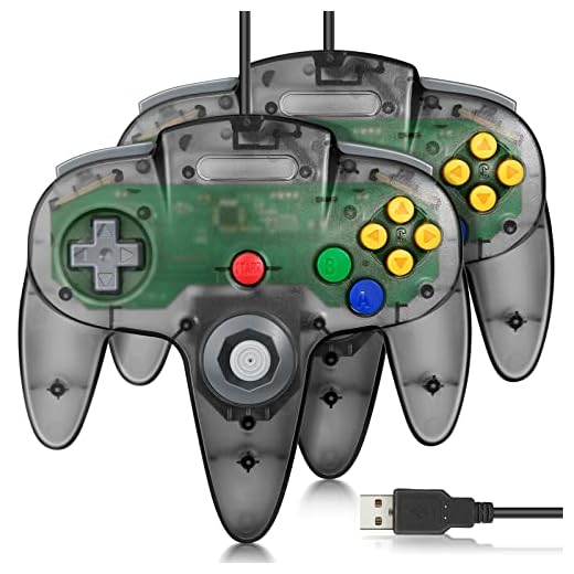 FISUPER - Controller USB N64, 2 pezzi, per videogiochi cablati USB Gamepad per Windows PC Mac, Raspberry PI Retropie (nero trasparente)