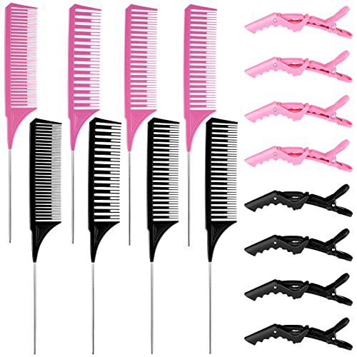 8 Pieces Highlighting Combs with 8 Pieces Alligator Clips, Weaving Highlight Comb Styling Foiling Combs Dyeing Sectioning Comb Rat Tail Teasing Weaving Combs Pintail Comb for Salon Barber Home
