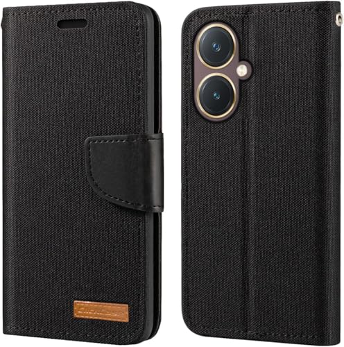 Image of ClickCase Canvas Series for vivo Y27 Cloth & Pu Leather Wallet Flip Case Kick Stand Magnetic Closure Flip Cover for vivo Y27 (Black)