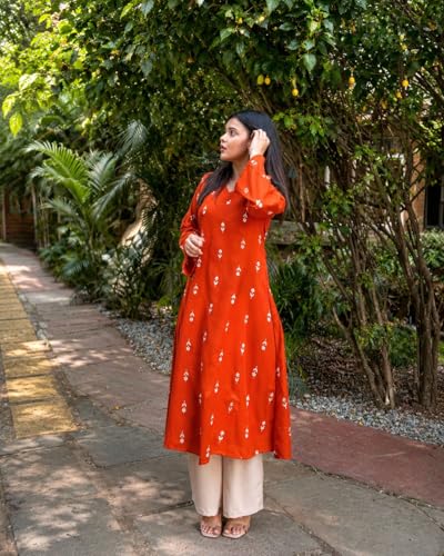 Image of Stylum Women's Rust Ethnic Printed Rayon A-Line Kurta Palazzo Set | Palazzo Kurti Set for Women