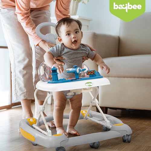 Image of Baybee 3 in 1 Staffy Baby Walker With Rocker & Push Handle - 3 Adjustable Heights, Mat & Musical Toy Bar for Kids 6-18 Months (Grey)