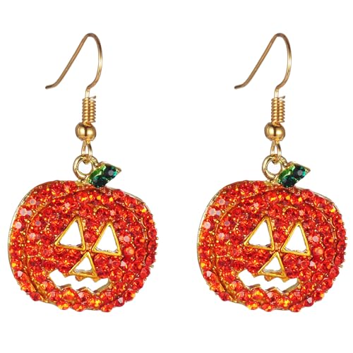 iWenSheng Halloween Pumpkin Earrings Red - Hypoallergenic Crystal Dangle Earring for Women Holiday Night Costume Jewelry Smiling Face Pumpkin Drop Earrings, Fun and Festive