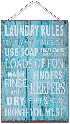 Laundry Rules Hanging Metal Wall Plaque Sign for Laundry Room, Garage, School, 14x8 inches