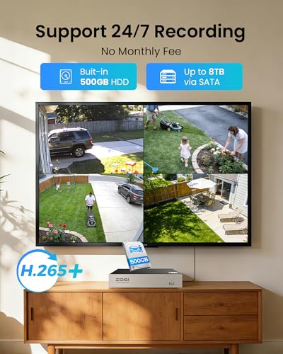 Image of ZOSI 3K Lite 8CH Home Security Camera System, 4X 2MP Wired Cam, 500GB HDD | AI Person /Vehicle Detection, Night Vision, Weatherproof, Outdoor /Indoor, H.265+ 8 Channel Surveillance DVR, 24 /7 Recording