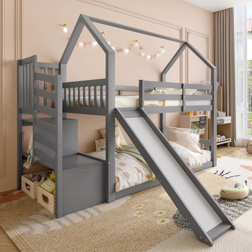 LinoraFurn Etagenbett mit Stauraumtreppe und Rutsche Hausbett(Ohne Matratze) Kinderbett mit Geländer geeignet für Kinder Jugendliche (Grau 90X200cm)