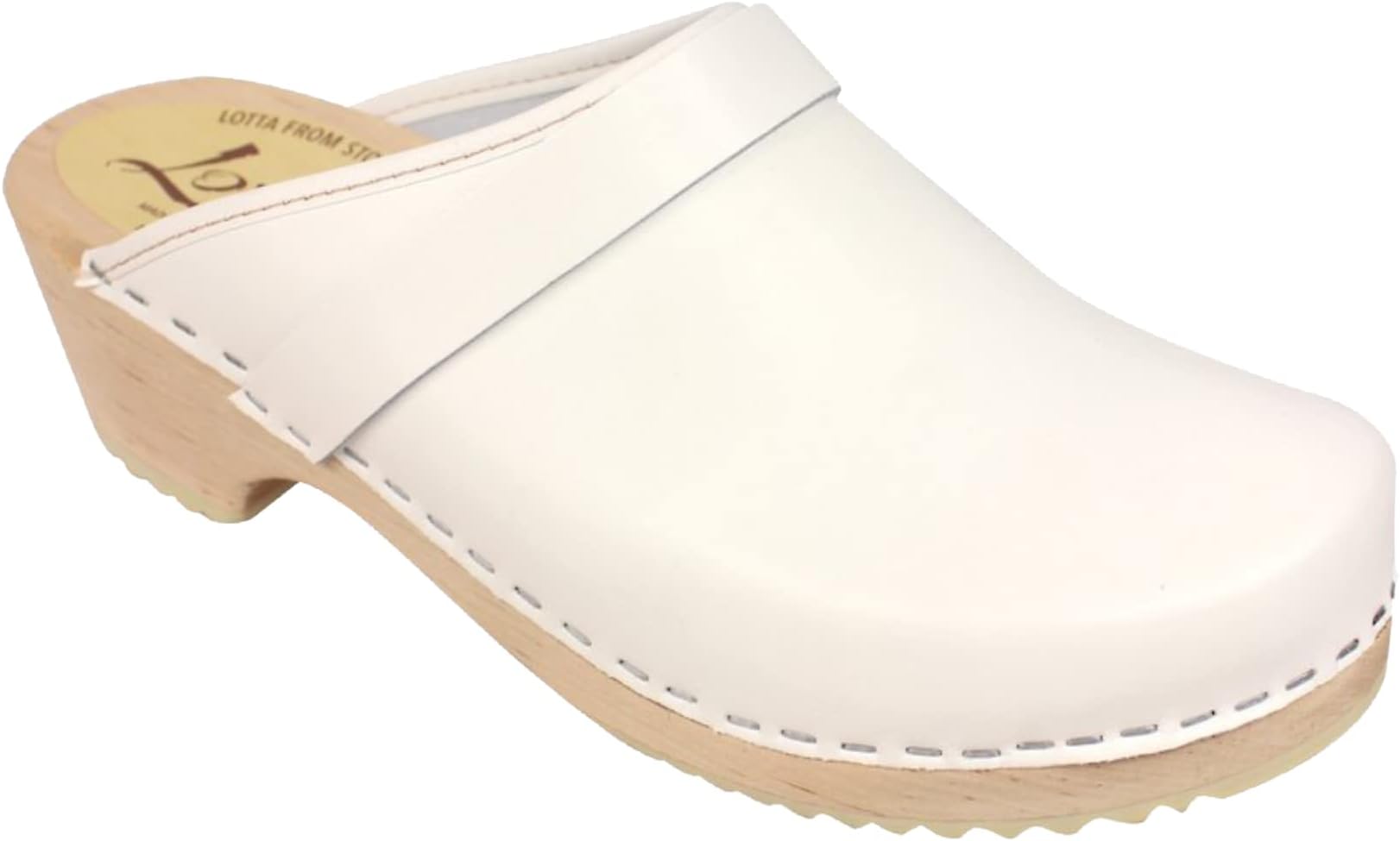 Lotta From StockholmSwedish Classic Clog Mule for Women | Low Heel Slip-on Supportive and Comfortable Clogs Handmade in Sweden | Alder Wood Base and PU Coated Leather | White