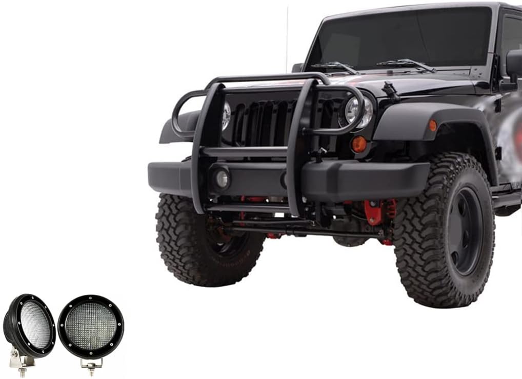 Black Horse Grille Brush Bumper Guard Modular Black Come with Pair of 5.3" Dia.LED Lights with Black Trim Rings Compatible with 2007-2017 Jeep Wrangler-17JPWRMA-PLFB