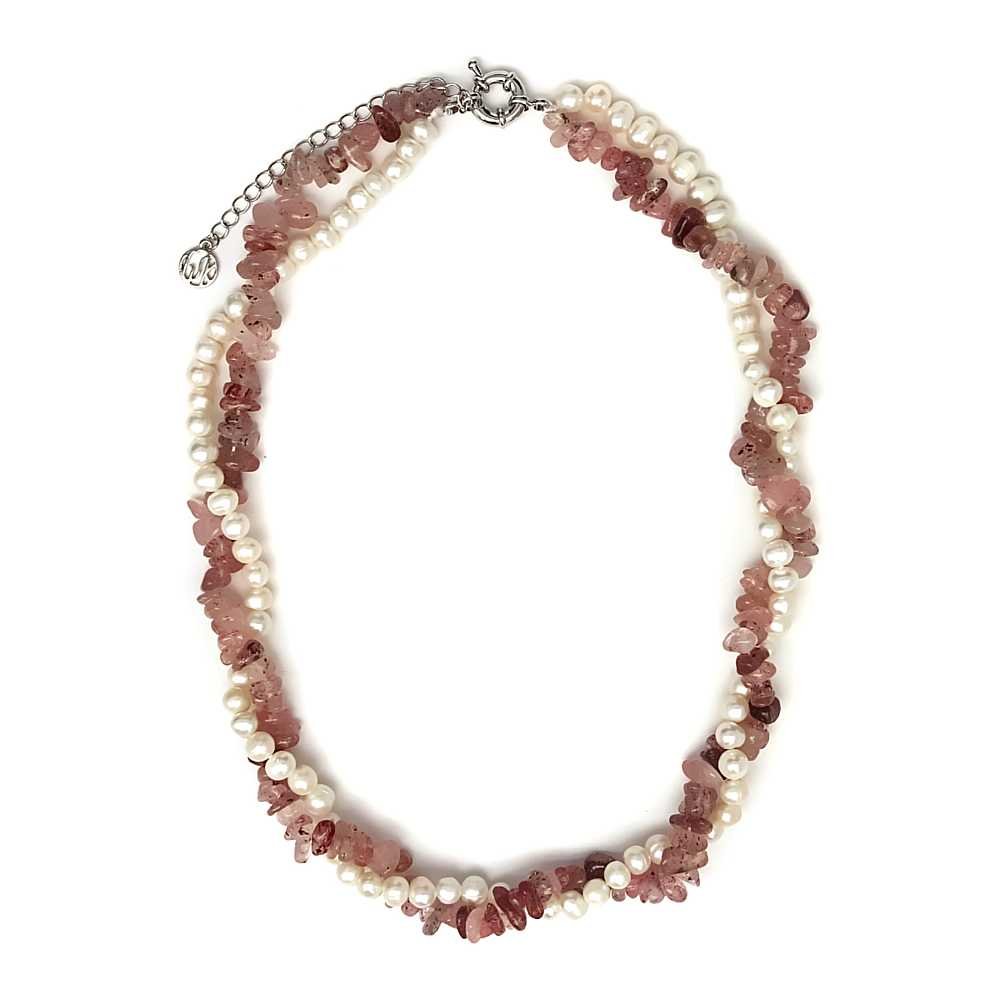 Gem Stone King Beautiful 2 String Strawberry Quartz necklace With Cultured Freshwater Pearls
