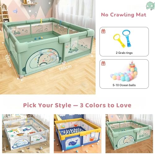 Image of Playpen for Baby up to 5 Years Playards with Pit Balls and Anti-Fall Grasp Rings, Kids Activity Center with Safety Lock (No Mat, Non-Foldable) (150 * 180cm-green)