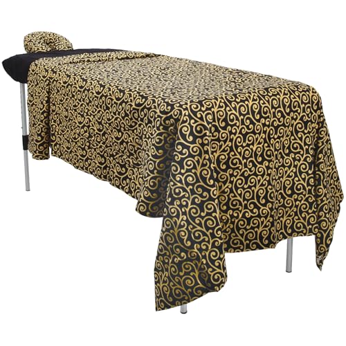 Image of ForPro Premium Designer Flannel 3-Piece Massage Sheet Set, Golden Swirl with Black Fitted Sheet