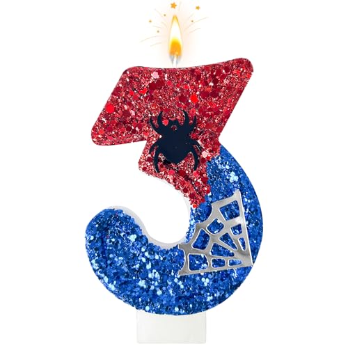 WQINX Velas de cumpleaños rojas y azules con telaraña plateada, temática de dibujos animados de araña, decoración de pastel adecuada para niños y niñas, suministros de fiesta infantil (3)