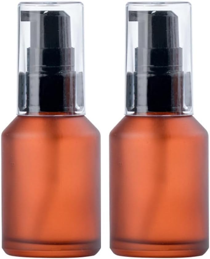 2 - Pack Empty 30ML Brown Refillable Glass Lotion Pump Bottle - Cosmetic Sample Container with Black Plastic Pump Head - Ideal for Creams, Serums,