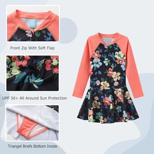 Aisyee Girls One Piece Swimsuits Swim Dress for Girls Long Sleeve Rash Guard Bathing Suits Hawaiian Skirt Swimwear 3-16 Years3