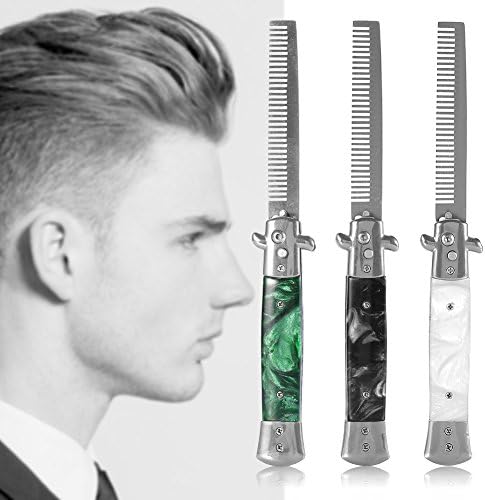 Switchblade Spring Folding Push Button Pocket Comb, składane automatyczne grzebienie do strzyżenia włosów ze stali nierdzewnej, męskie olejowe akcesoria do stylizacji włosów (PEARL BLACK)