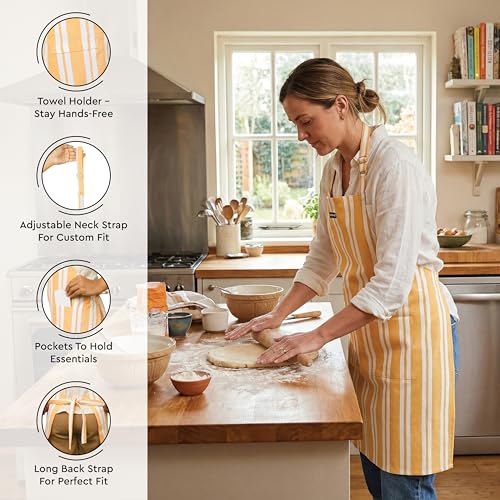Image of Encasa XO 100% Cotton Apron Set for Women & Men with Adjustable Apron, Oven Gloves & Pot Holder (Pack of 3) Combo, Heat-Resistant, Soft & Durable for Cooking, Baking & Grilling (Franca Yellow Stripes)