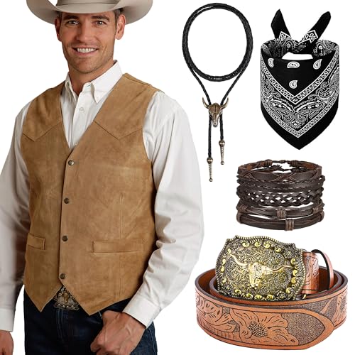RIOSO Cowboy Outfit for Men Western Suede Leather Vest Belt Necktie Set Mens Cowboy Costume Accessories (Without Hat) Brown