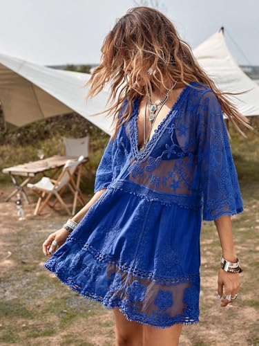 Image of Eomenie Women's Contrast Lace Bathing Suit Cover Up V-Neck Swimsuit Coverups Loose Swimwear Beach Dress Beachwear