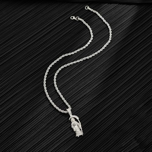 Silver Necklace for Men with Santa Muerte Pendant Grim Reaper Necklace with Black Gemstone Stainless Steel Rope Chain Necklaces Fashion Jewelry Gift