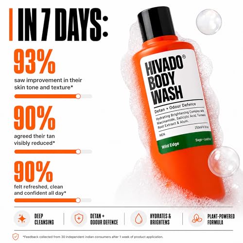 Image of HIVADO Men's De-Tan Body Wash 3x250ml | Tan Removal & Skin Brightening Shower Gel with Niacinamide & Turmeric | Controls Oil, Body Odour & Back Acne | Alum, Salicylic Acid & Lactic Acid Formula | Hydrating Cleanser | Sage & Leather Scent
