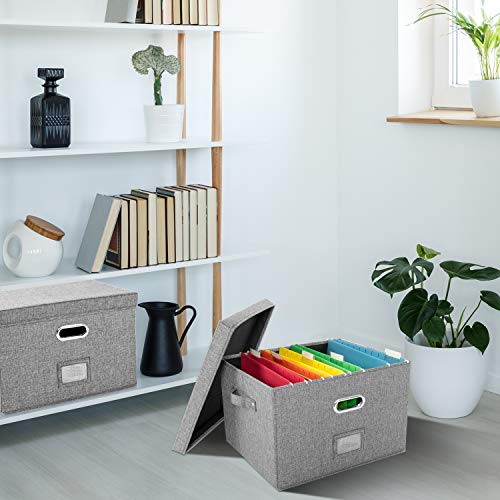 Decosis 2 Pack File Storage Box Organizer with Lid for Office, Collapsible Linen Organization with Hanging Folder for Home, Document Storage with Handles for School, Grey