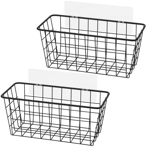 Toplife Kitchen Hanging Basket, No Drilling Cabinet Door Organizer Rack, Wall Adhesive Basket for Cabinet, Cupboard Door, Bathroom, Kitchen Storgae Baskets, Black (2 PacK)