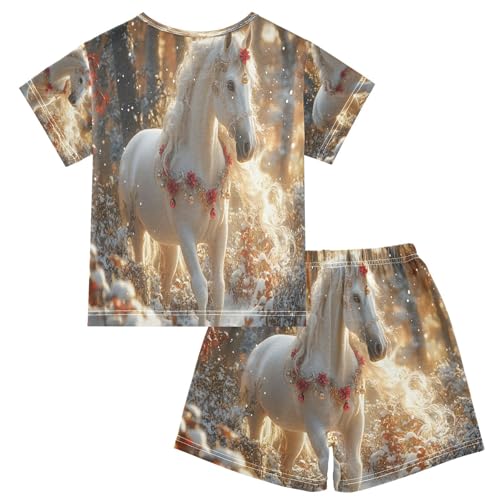 ALAZA White Horse Winter Landscape Pajamas Set Short Sleeve Cotton Sleepwear Summer Pjs 2 Piece 5-14Y2