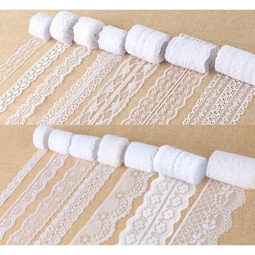 ilauke 46 Yards White Lace Ribbon 14 Rolls Vintage Lace Trims 0.6 to 2.1 inch Ribbon Laces with Assorted Pattern for Sewing, Crafts, Wedding Decor, Flower Ribbons, 3.28 Yards Each White 46 Y