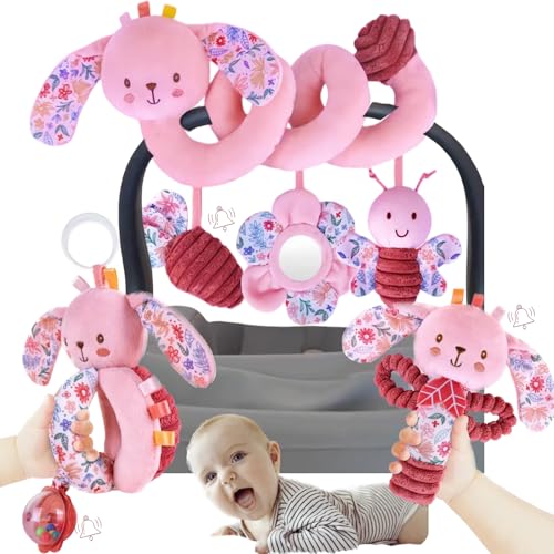 Image of Baby Spiral Car Seat Toys for Babies 0-6 Months Girl, Stroller Hanging Stuffed Animal Carseat Crinkle Rabbit Toy 0-3-4-5-6-7-8-9-12 Month, Newborn Infant Toddler Birthday Gifts Set Bunny 3PCS